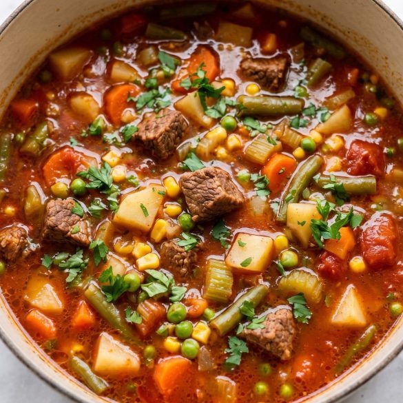 A pot of vegetable beef soup with beef, potatoes, carrots, green beans, corn and peas