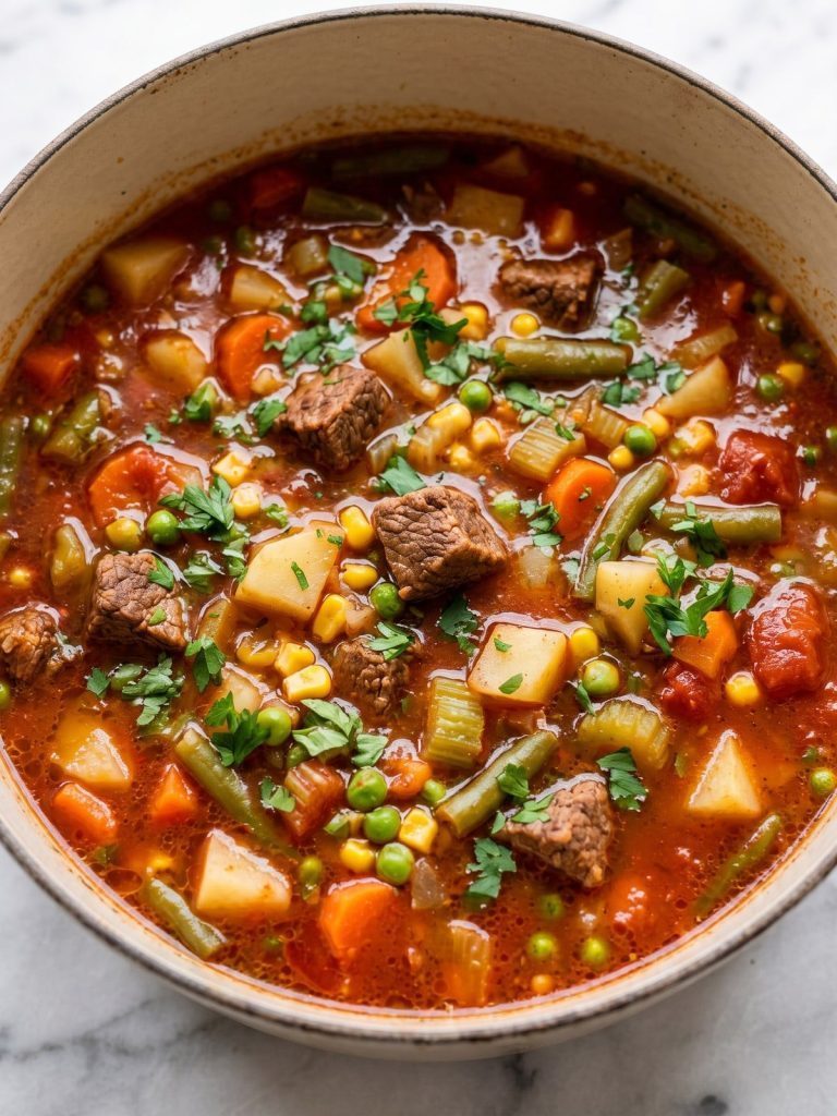 A pot of vegetable beef soup with beef, potatoes, carrots, green beans, corn and peas