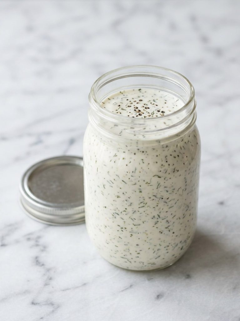 A glass jar filled with homemade Wingstop ranch dressing