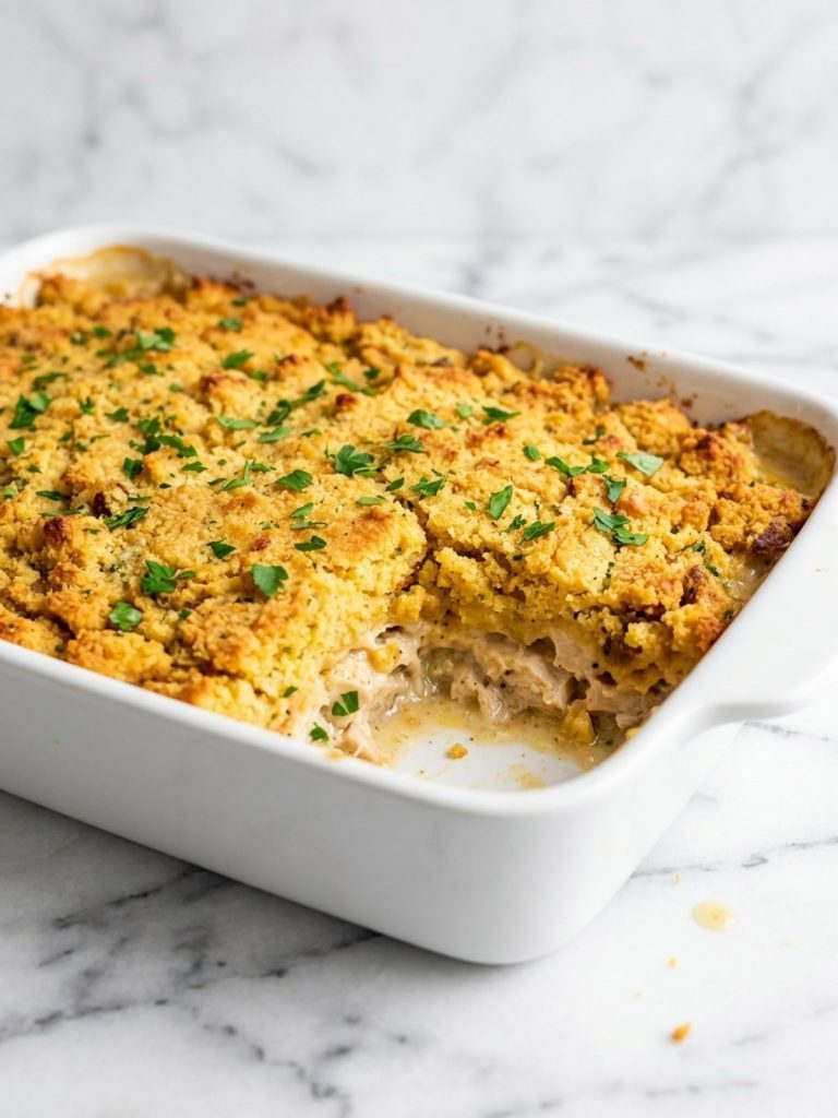 Yum yum chicken casserole with a crisp cornbread stuffing topping in a 9x13 dish
