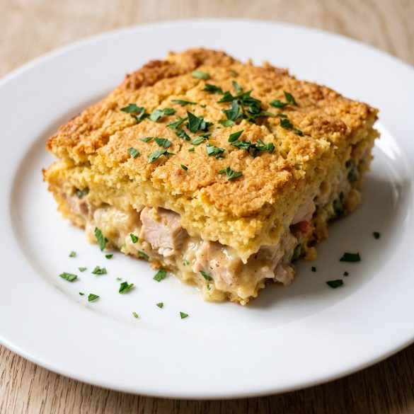 A serving of yum yum chicken casserole with a golden cornbread stuffing top and creamy chicken layer