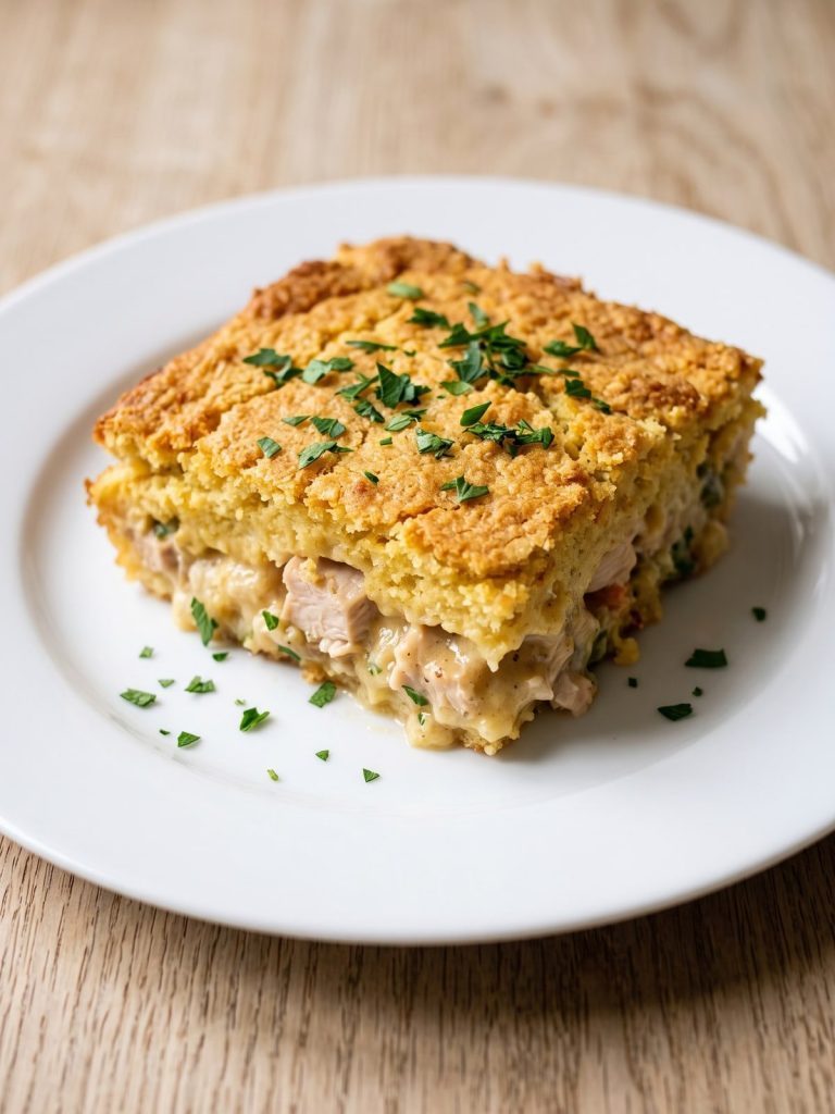 A serving of yum yum chicken casserole with a golden cornbread stuffing top and creamy chicken layer