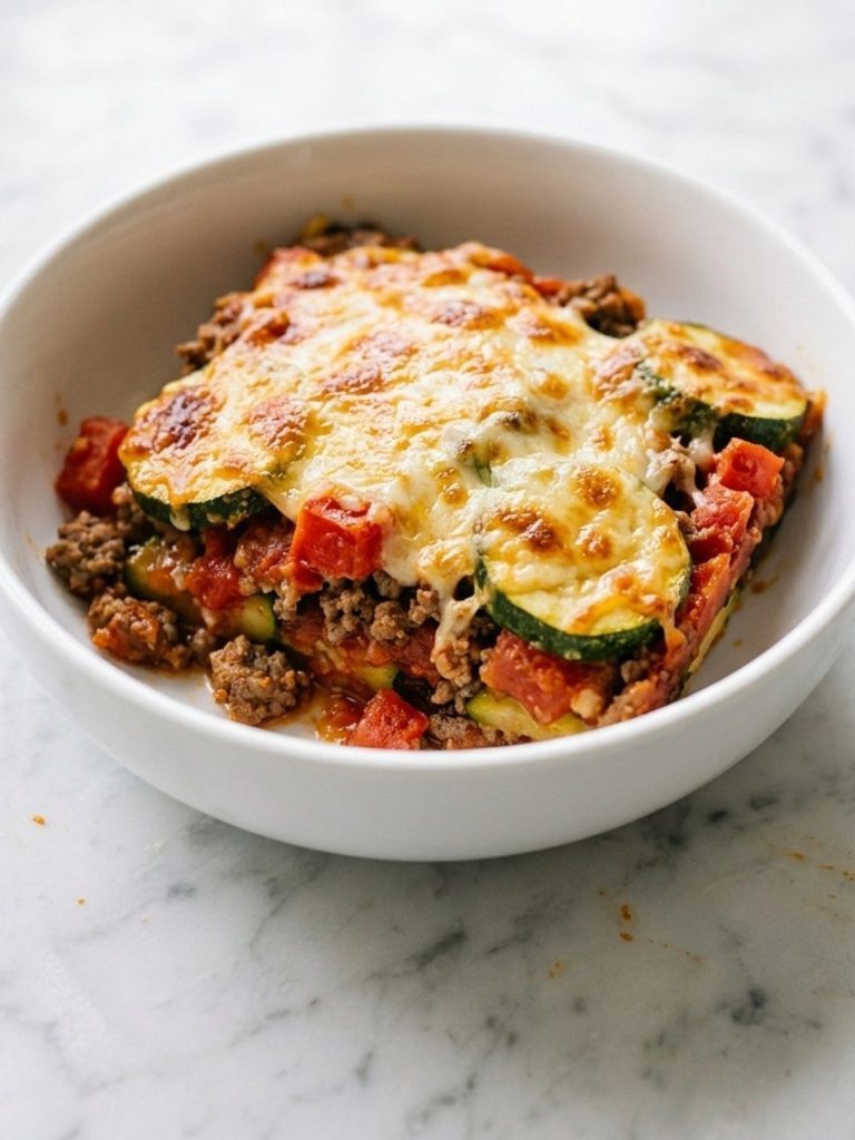 Close-up of a zucchini and ground beef casserole in an 8x8 baking dish with a portion served out