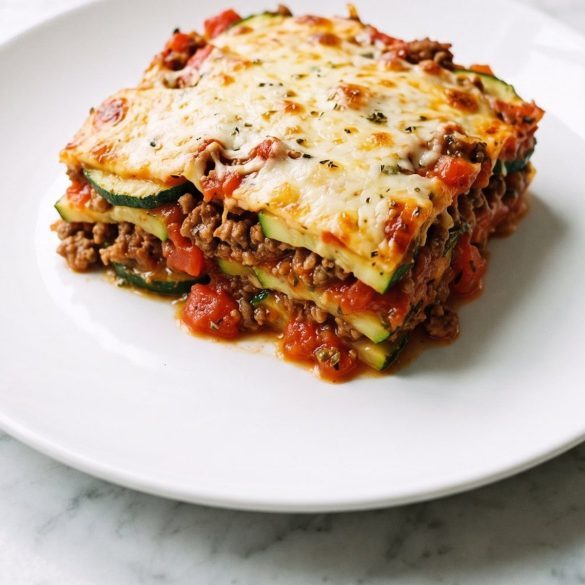 A square portion of layered zucchini, ground beef and tomato casserole with melted mozzarella on a plate