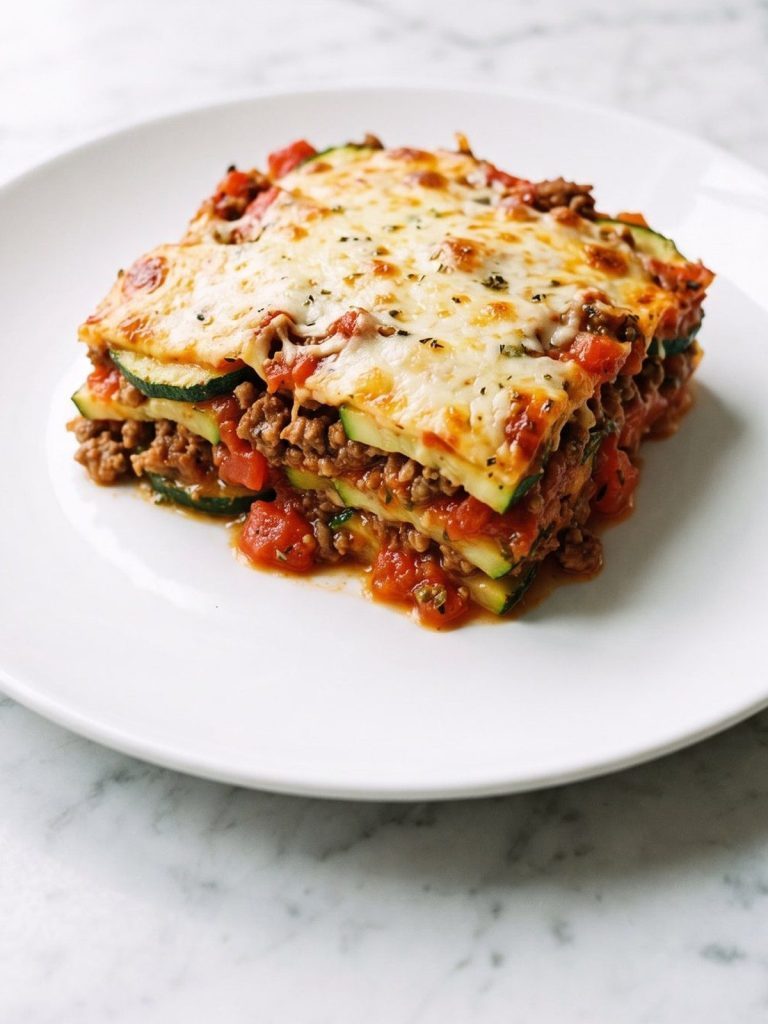 A square portion of layered zucchini, ground beef and tomato casserole with melted mozzarella on a plate