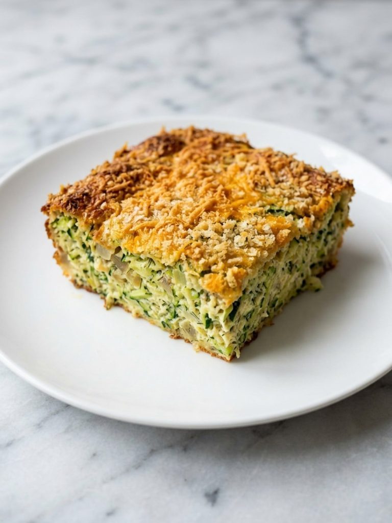 A plate with a square of cheesy zucchini casserole