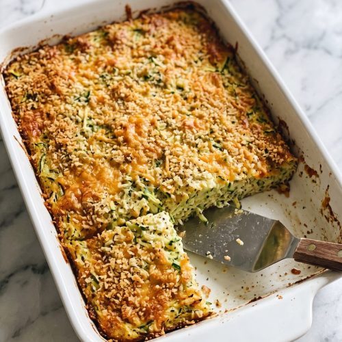 A baking dish of zucchini casserole with a golden panko and cheddar top