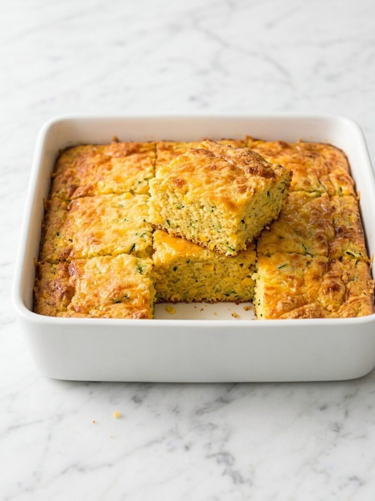 Zucchini cornbread casserole with browned cheddar in an 8x8 baking dish