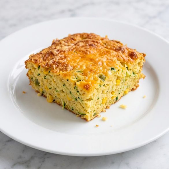 A square of zucchini cornbread casserole with melted cheddar on a white plate