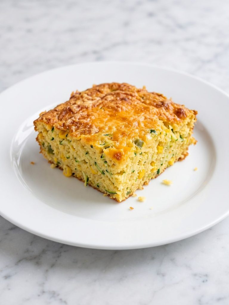 A square of zucchini cornbread casserole with melted cheddar on a white plate