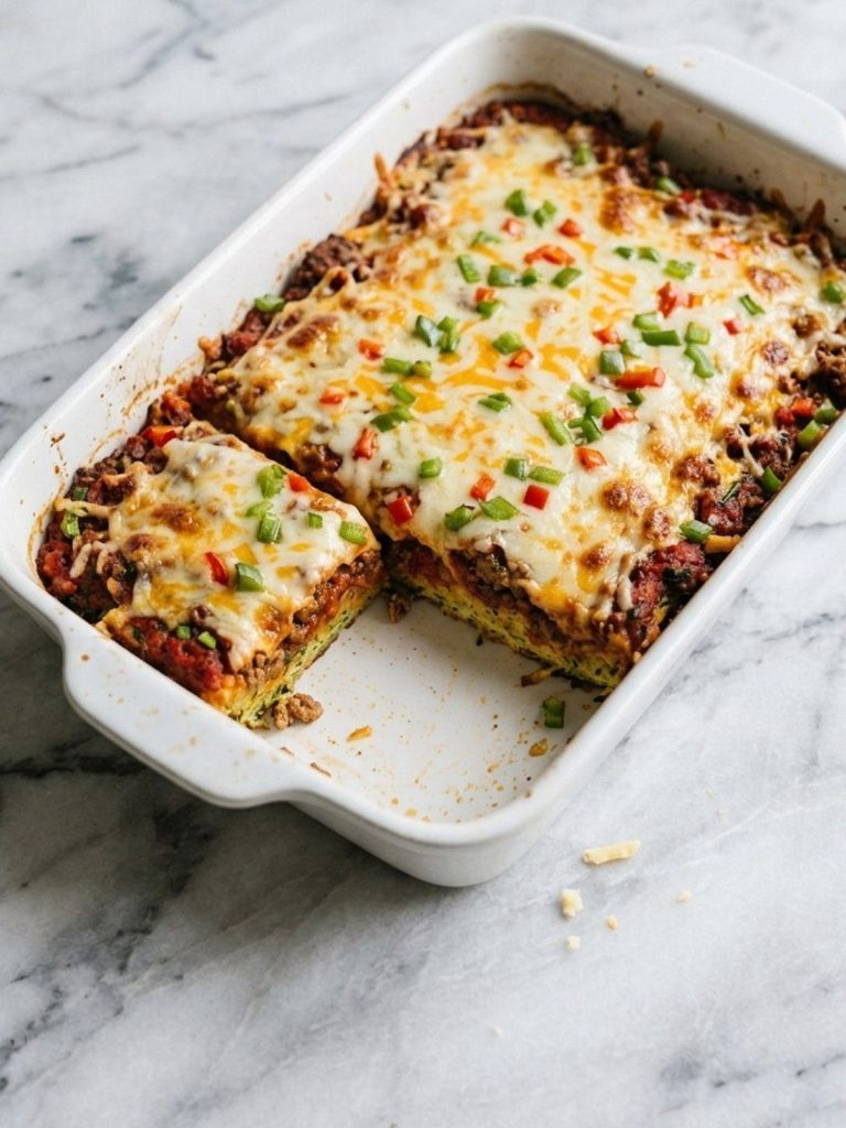 A 13x9 dish of zucchini pizza casserole with melted cheese and bell pepper, one piece served out