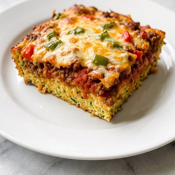 A square of zucchini pizza casserole with a zucchini crust, beef tomato sauce, melted cheese and bell pepper