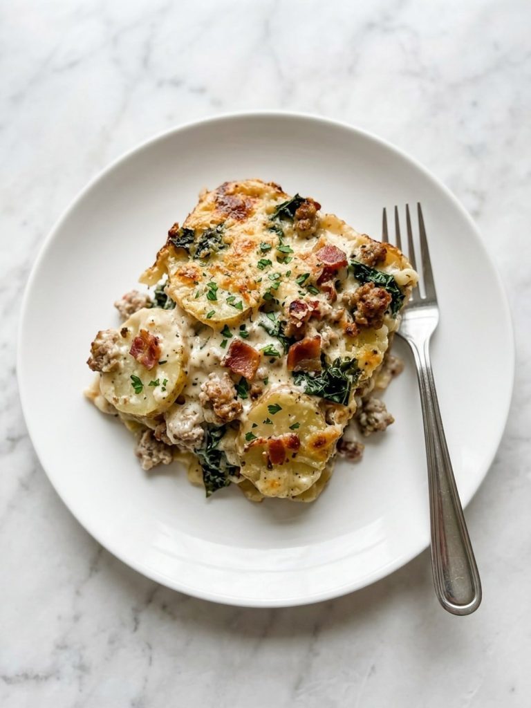 A full serving of zuppa toscana casserole on a white plate, showing layers of potato, sausage, bacon and kale