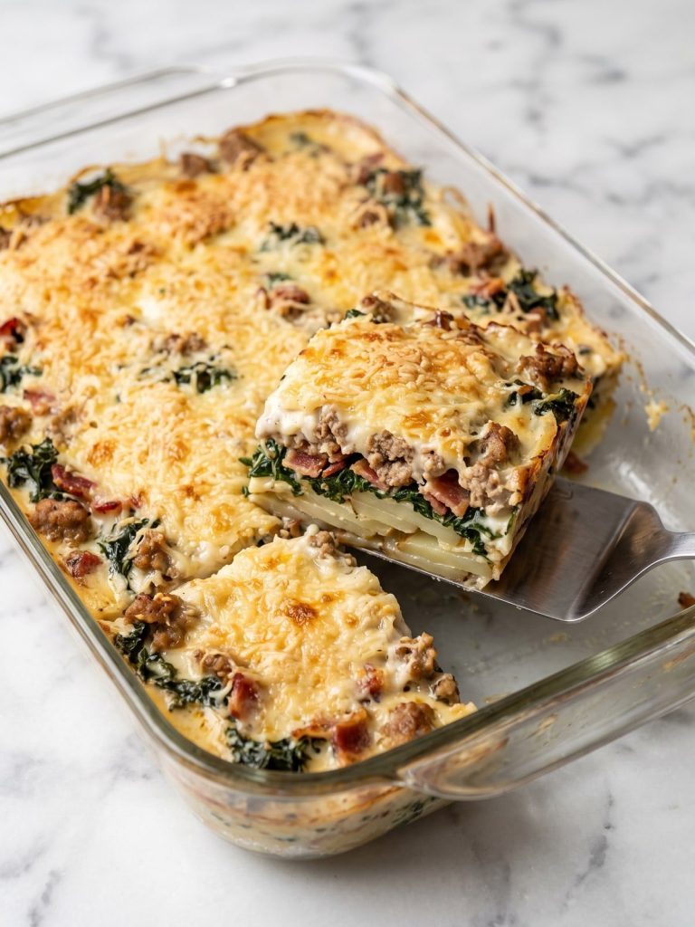 A glass baking dish of zuppa toscana casserole with a golden Parmesan top and one square served out