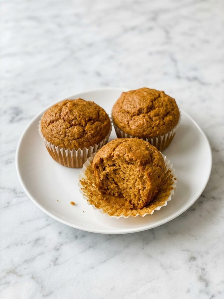 A soft pumpkin spice muffin broken in half to show the moist orange crumb
