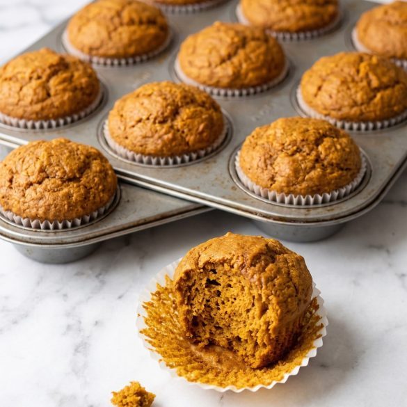 A muffin pan of golden orange pumpkin spice muffins in paper liners