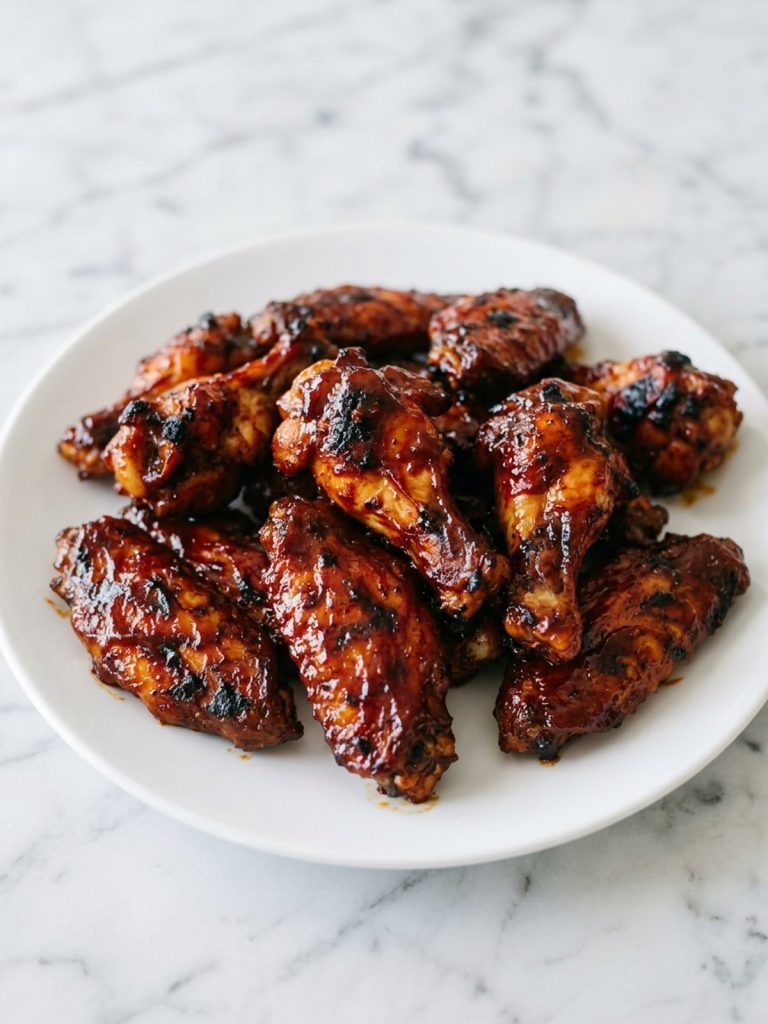 Close view of glazed barbecue chicken wings with caramelized sauce