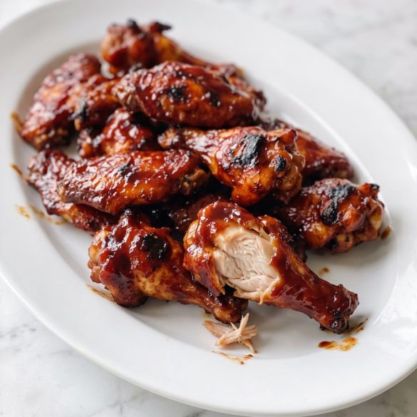 A platter of sticky barbecue chicken wings with charred edges