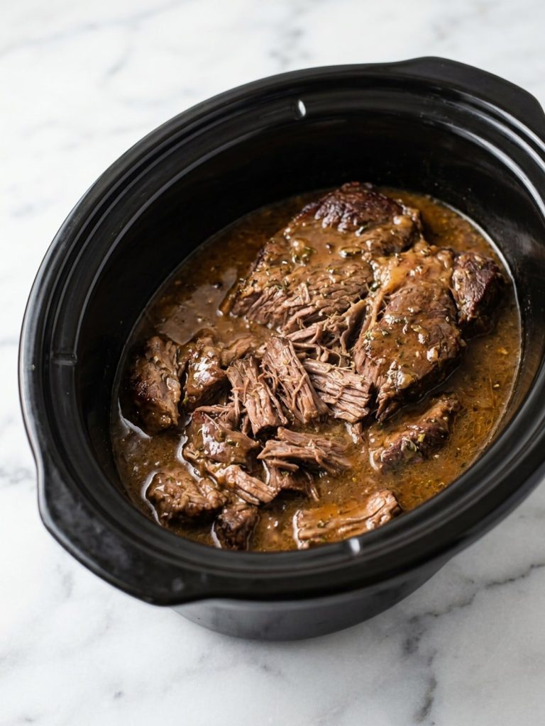Fork-tender chuck roast in brown gravy in a slow cooker crock