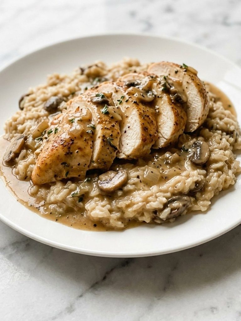 A baked chicken breast over creamy onion and mushroom rice on a plate
