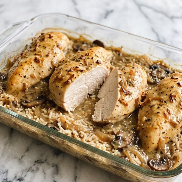 A glass 9x13 dish of baked chicken breasts on creamy mushroom rice with onion soup mix