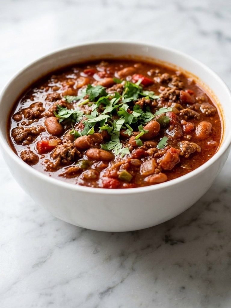 Close view of spicy beef and pinto bean chili in a deep red sauce