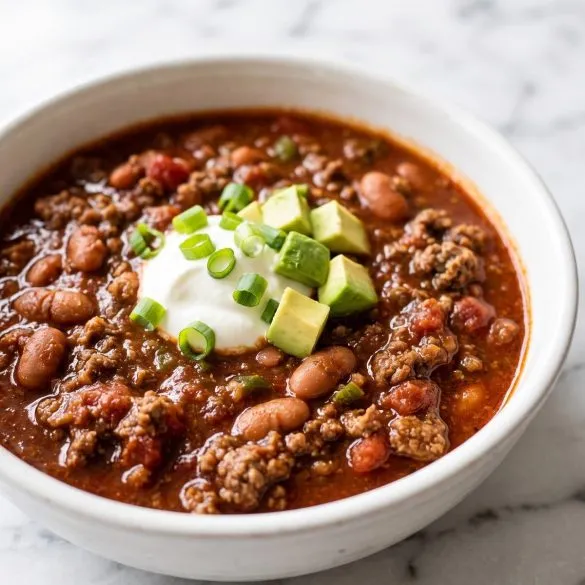 A bowl of thick red 5 alarm chili with ground beef and pinto beans, topped with sour cream, avocado and green onion