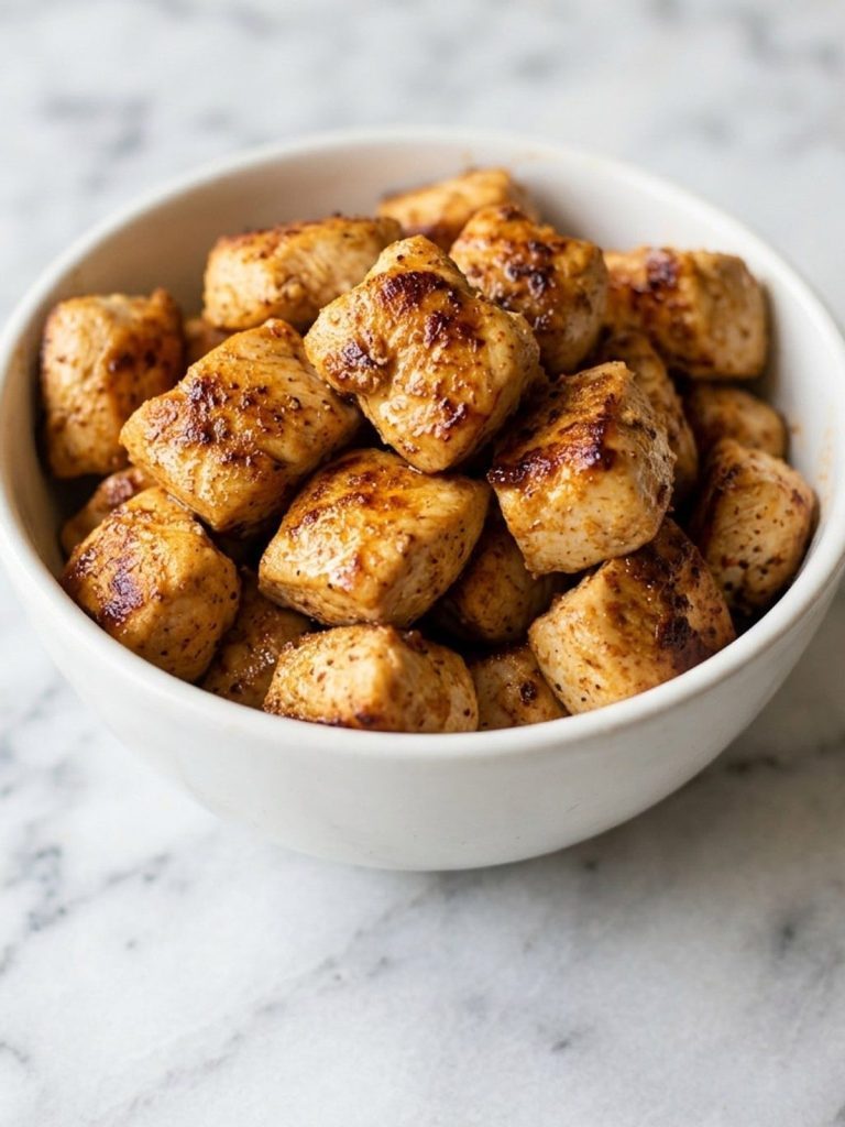 Close view of paprika and garlic seasoned air fryer chicken bites