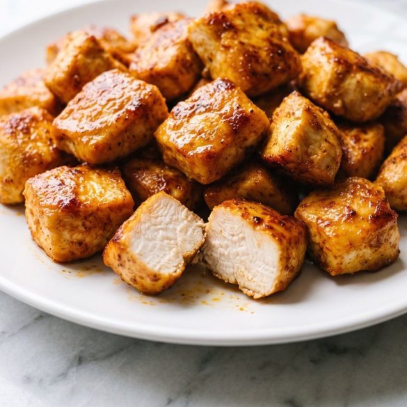 A white plate piled with golden paprika-seasoned air fryer chicken bites, one cut open to show juicy white meat