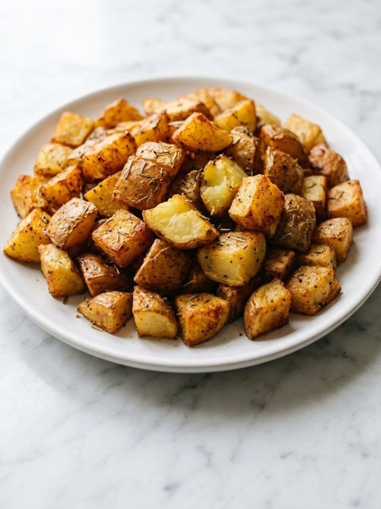 Close view of crispy seasoned air fryer potato cubes on a plate