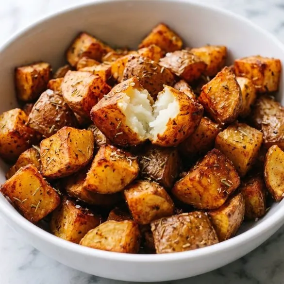 A white bowl full of golden, crispy air fryer potato cubes with skins on, seasoned with paprika and rosemary