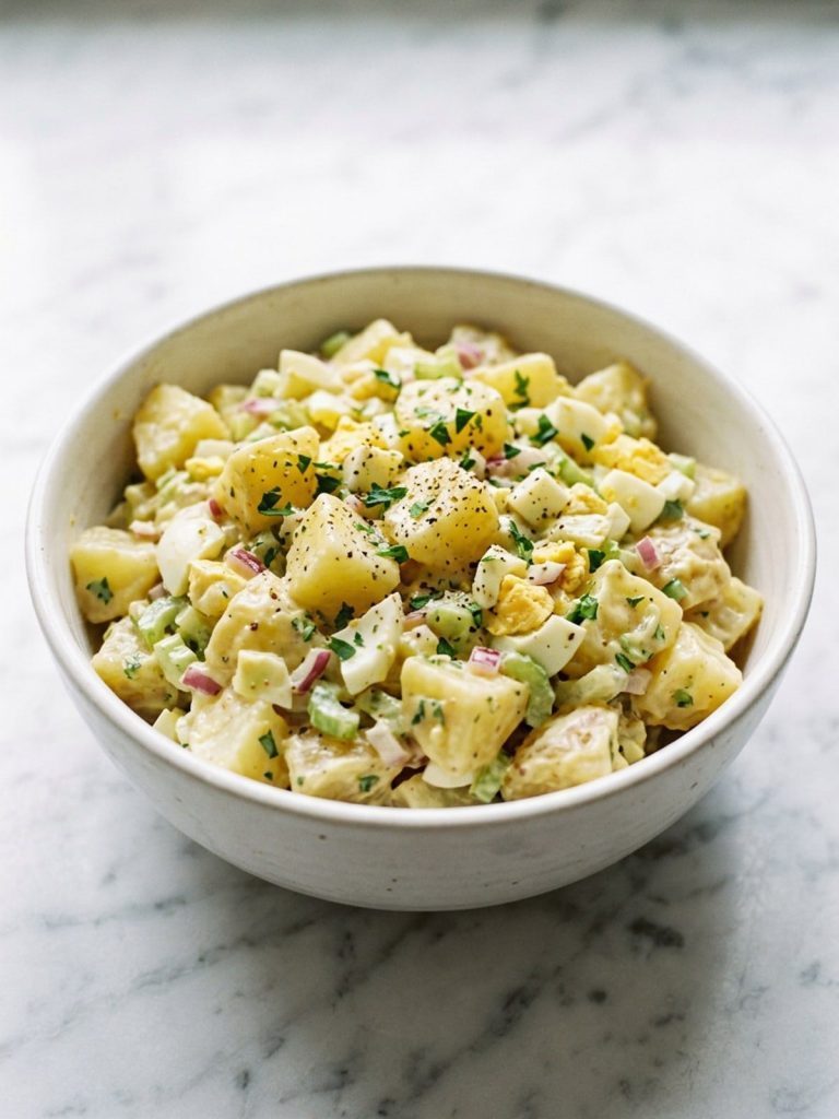 A full bowl of Amish potato salad with diced egg, celery and creamy dressing