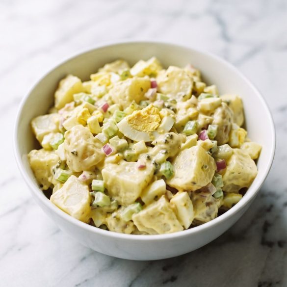 Creamy pale-yellow Amish potato salad with eggs and celery in a white bowl