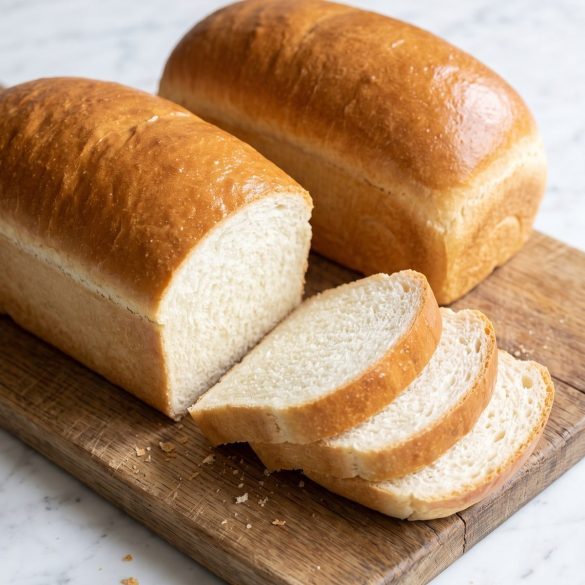 Two golden loaves of white sandwich bread, one sliced to show a soft, fluffy crumb
