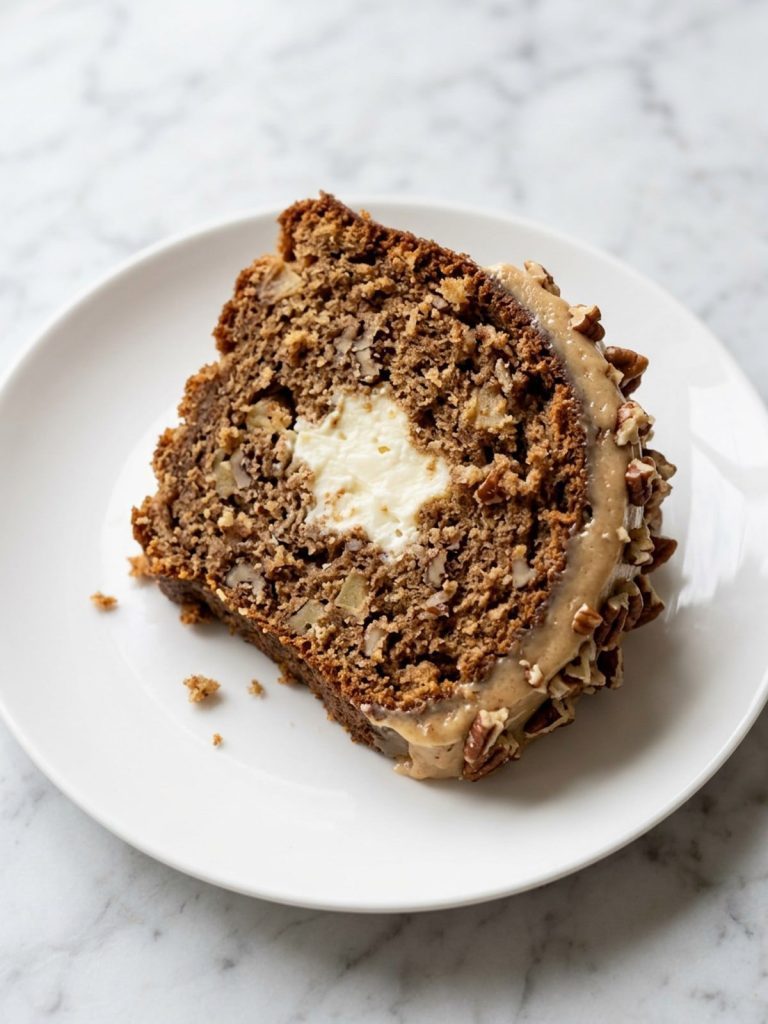 A slice of apple Bundt cake with a cream cheese filling in the center and praline frosting on top