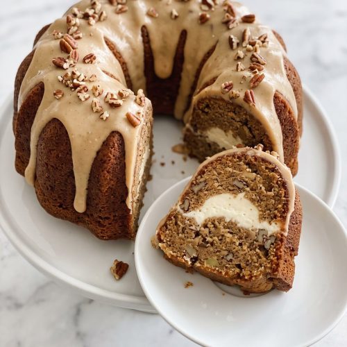 An apple cream cheese Bundt cake with praline frosting and pecans, one slice cut to show the filling
