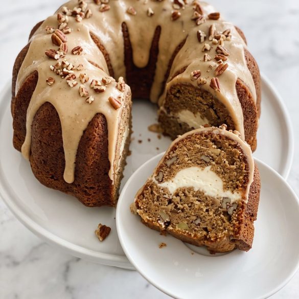 An apple cream cheese Bundt cake with praline frosting and pecans, one slice cut to show the filling