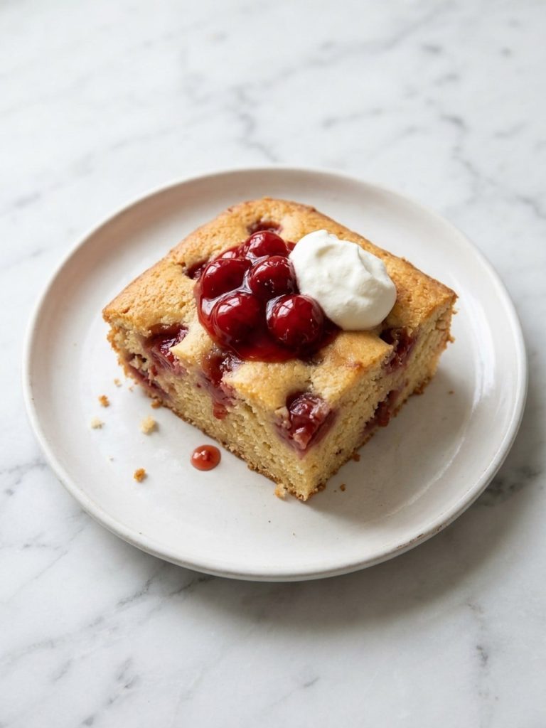 One square of Are You Kidding Me Cake on a white plate with cherry filling through the crumb, topped with extra cherry pie filling and whipped cream