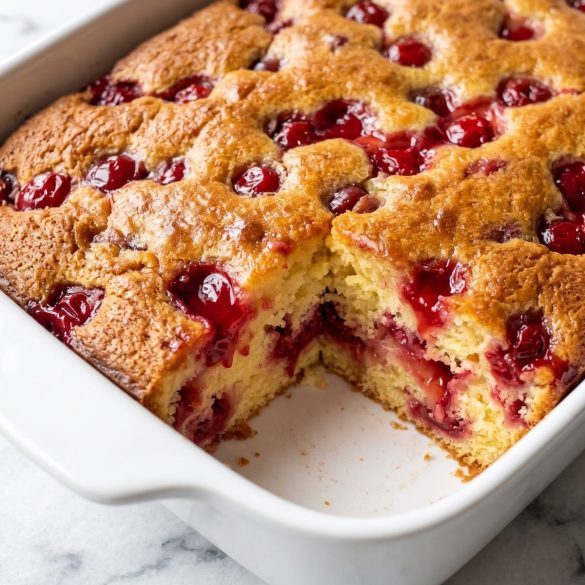 Are You Kidding Me Cake in a 9x13 pan with one square lifted out, showing a fluffy golden cake with cherry pie filling baked through it