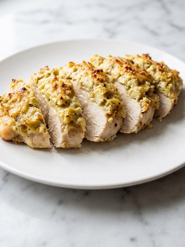 A baked chicken breast with creamy artichoke Parmesan topping on a white plate, sliced to show the inside