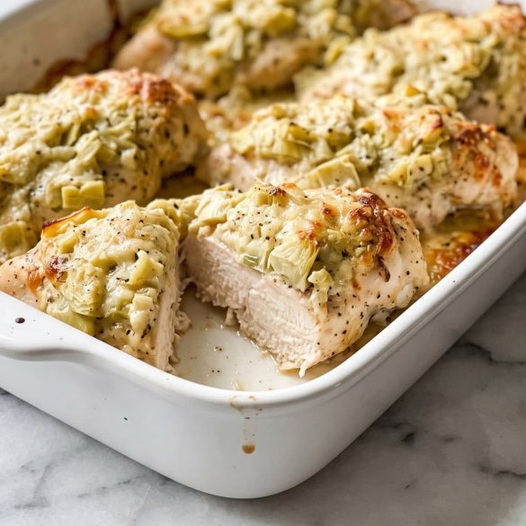 Baked chicken breasts with a golden artichoke Parmesan topping in a white baking dish, one piece cut open