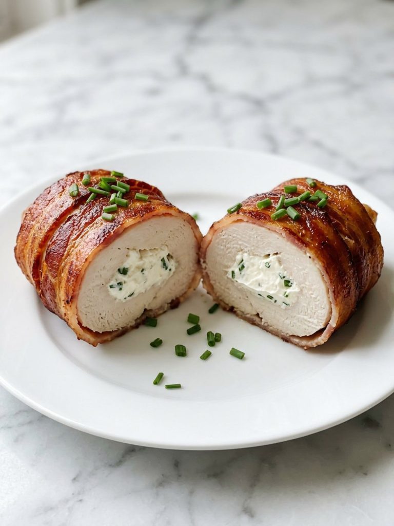 A bacon-wrapped chicken roll on a white plate, cut in half to show cooked chicken and creamy chive filling