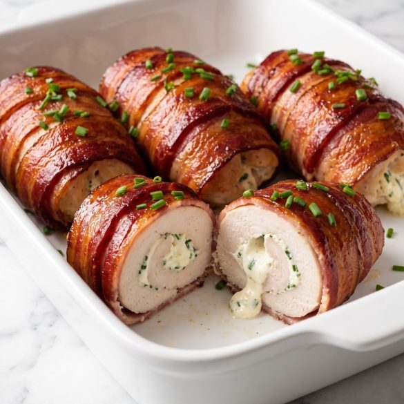 Bacon-wrapped stuffed chicken rolls in a white baking dish with one sliced open to show the cream cheese filling