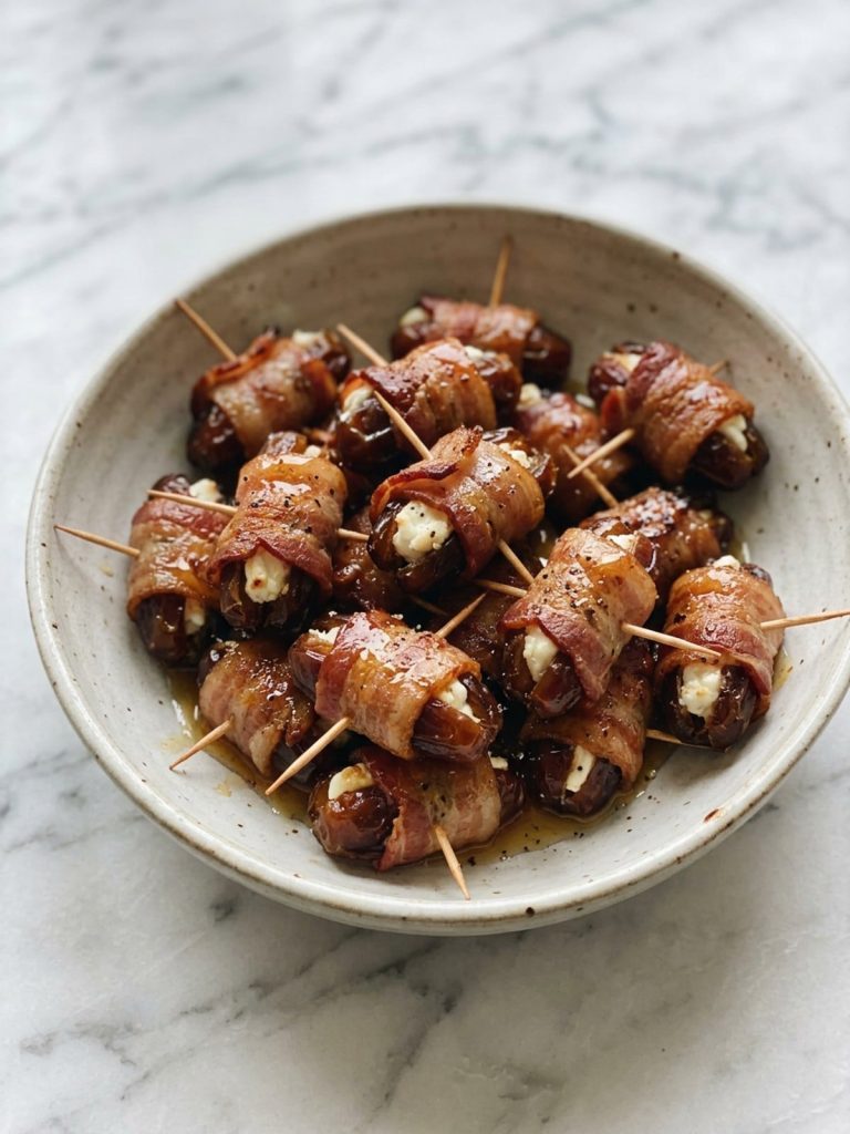 Crisp bacon wrapped dates in a single layer on a parchment-lined baking sheet