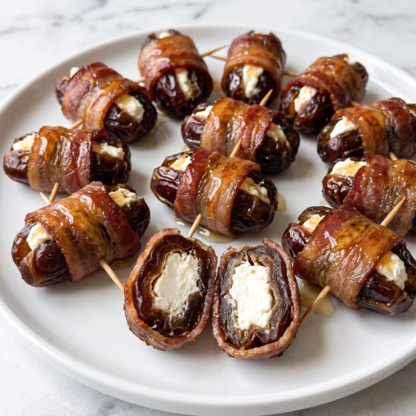 Bacon wrapped dates stuffed with goat cheese on a white plate, drizzled with honey