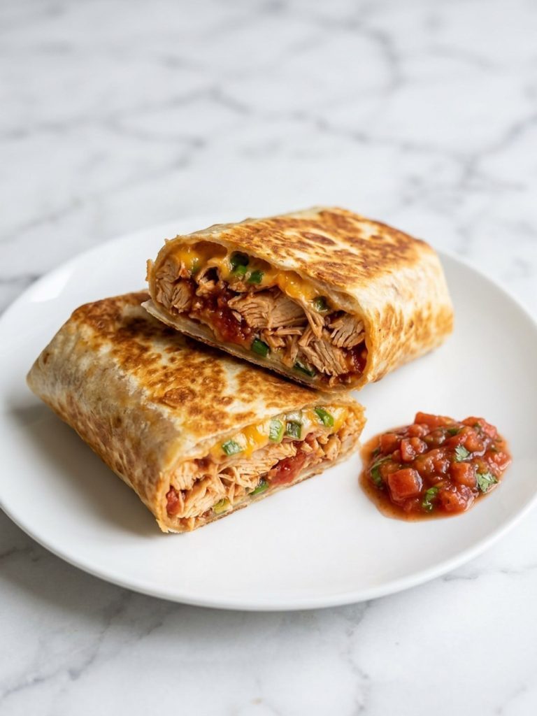 A crisp baked chimichanga cut in half to show shredded chicken, salsa and melted cheddar