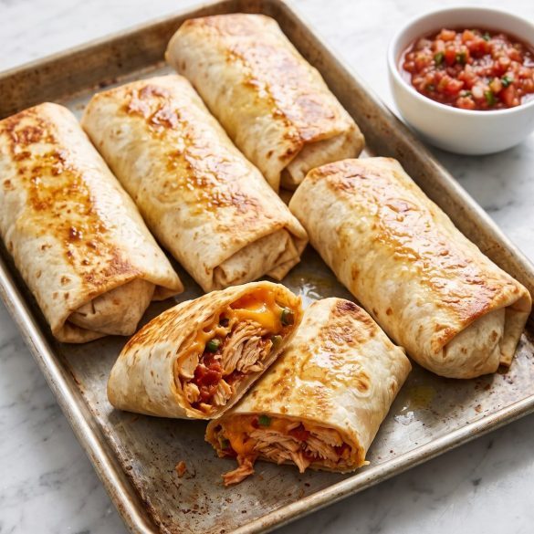 Golden baked chicken chimichangas on a baking sheet, one cut open to show the chicken and cheese filling