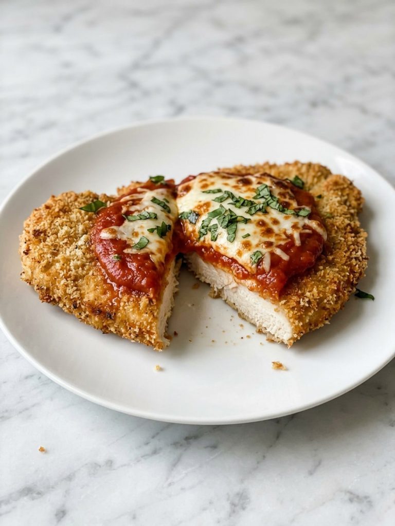 A crisp breaded chicken cutlet topped with marinara and melted mozzarella on a white plate