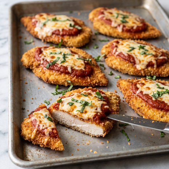 Baked chicken Parmesan cutlets with marinara and melted mozzarella on a sheet pan