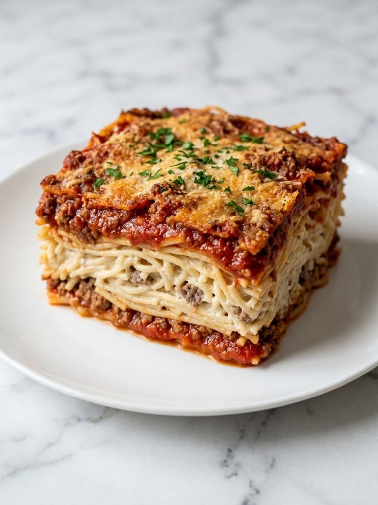 A square of baked spaghetti showing creamy noodles between layers of meat sauce